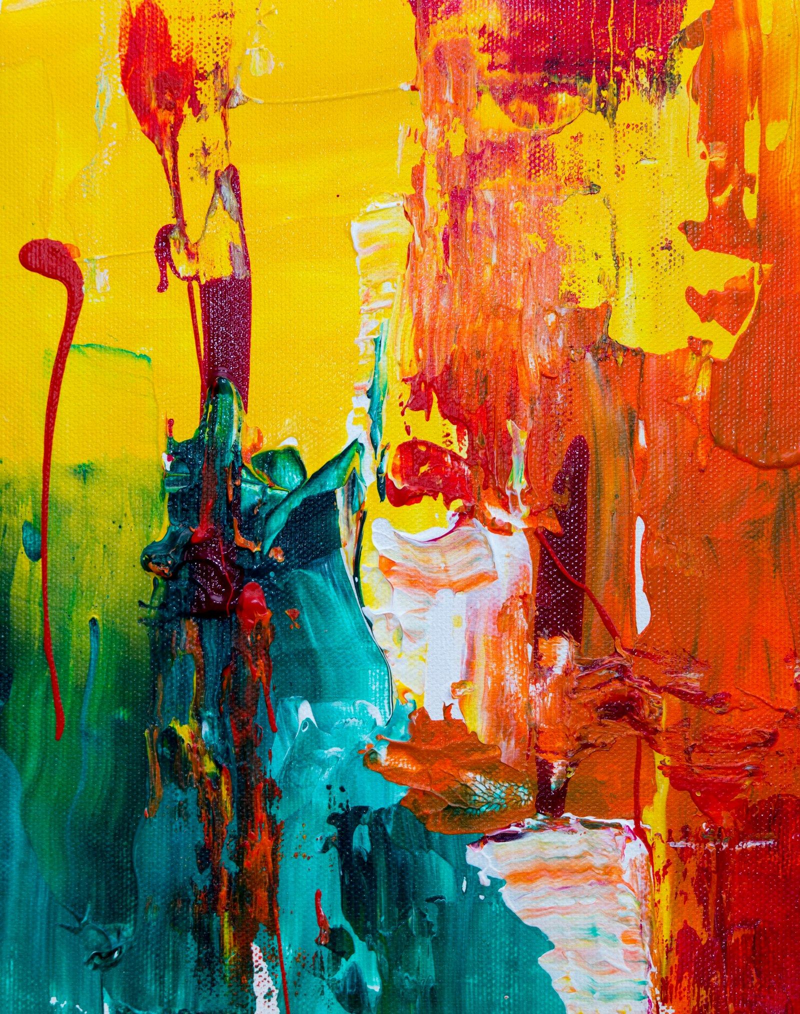 Abstract painting in warm reds and yellows